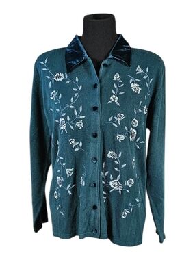 Koret Embroidered Floral Cardigan Sweater Velvet Collar Green Medium
